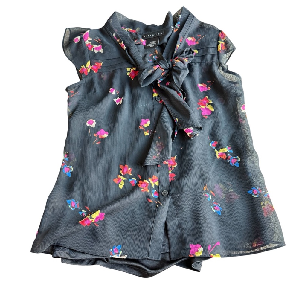 Attention Women’s Size Small Floral Sleeveless Blouse with Bow Sheer Spring